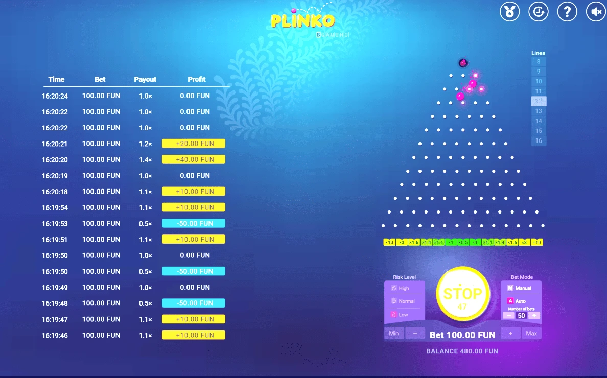 Игра Plinko с 12 линиями колышков
